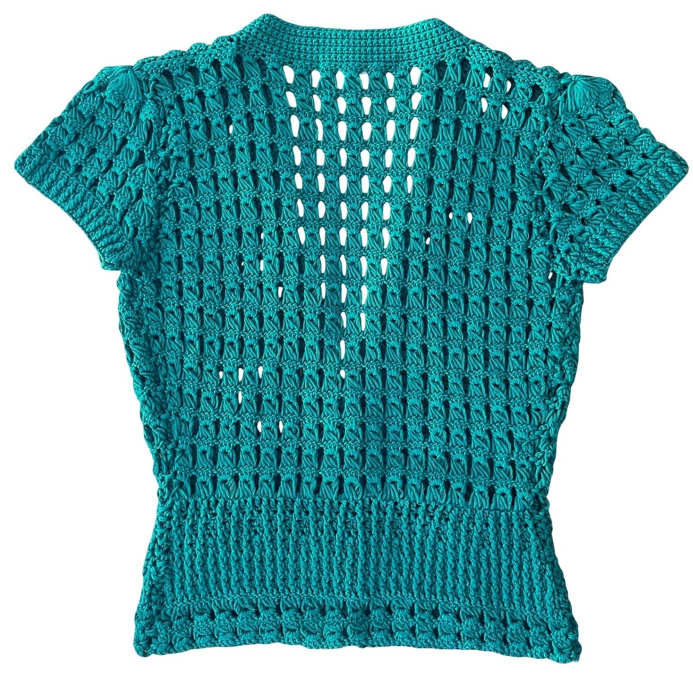 Beth Bowley Crochet Sequin Teal Cardigan Women's Small 100% Cotton Romantic - Picture 6 of 10